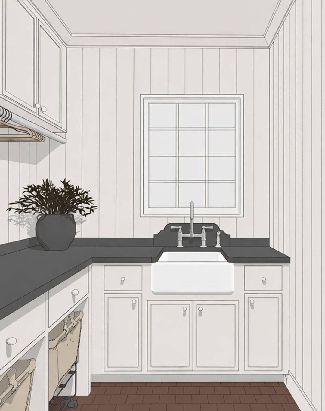 Custom laundry room cabinetry showing sink wall with soapstone countertop, apron sink, and painted inset cabinets.