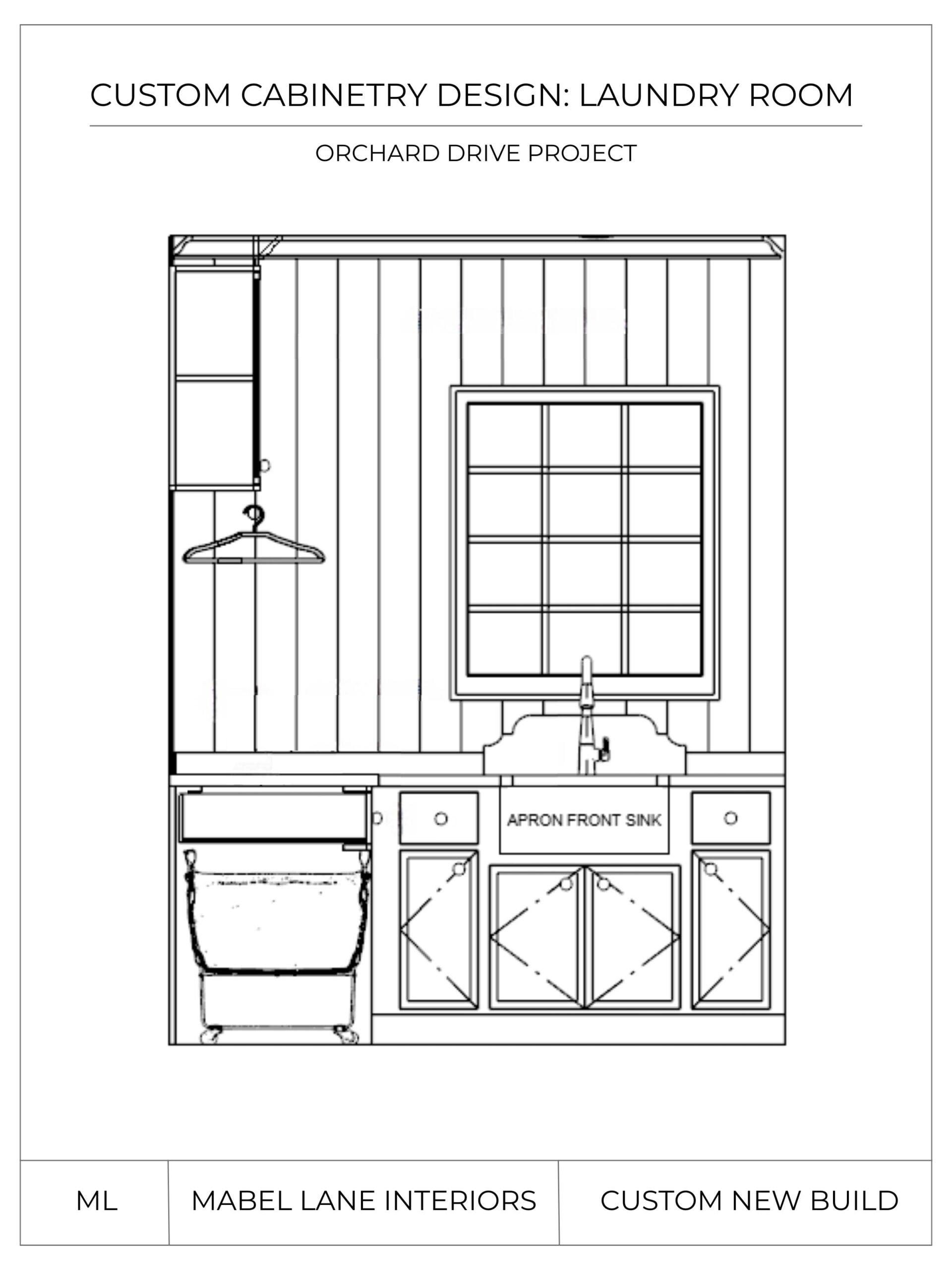 Custom laundry room cabinetry sink wall elevation showing base cabinets, drawers, and apron front sink.