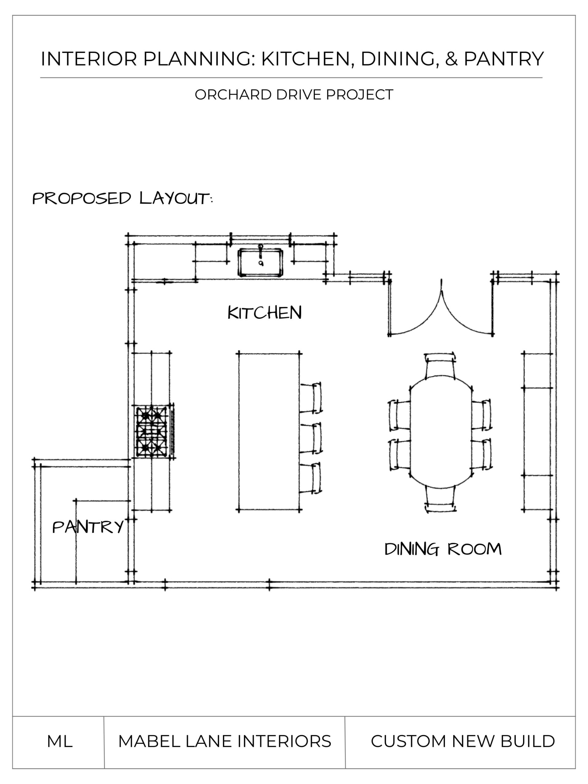 Final open-concept kitchen and dining floor plan showing revised island placement, pantry relationship, and improved spatial flow.