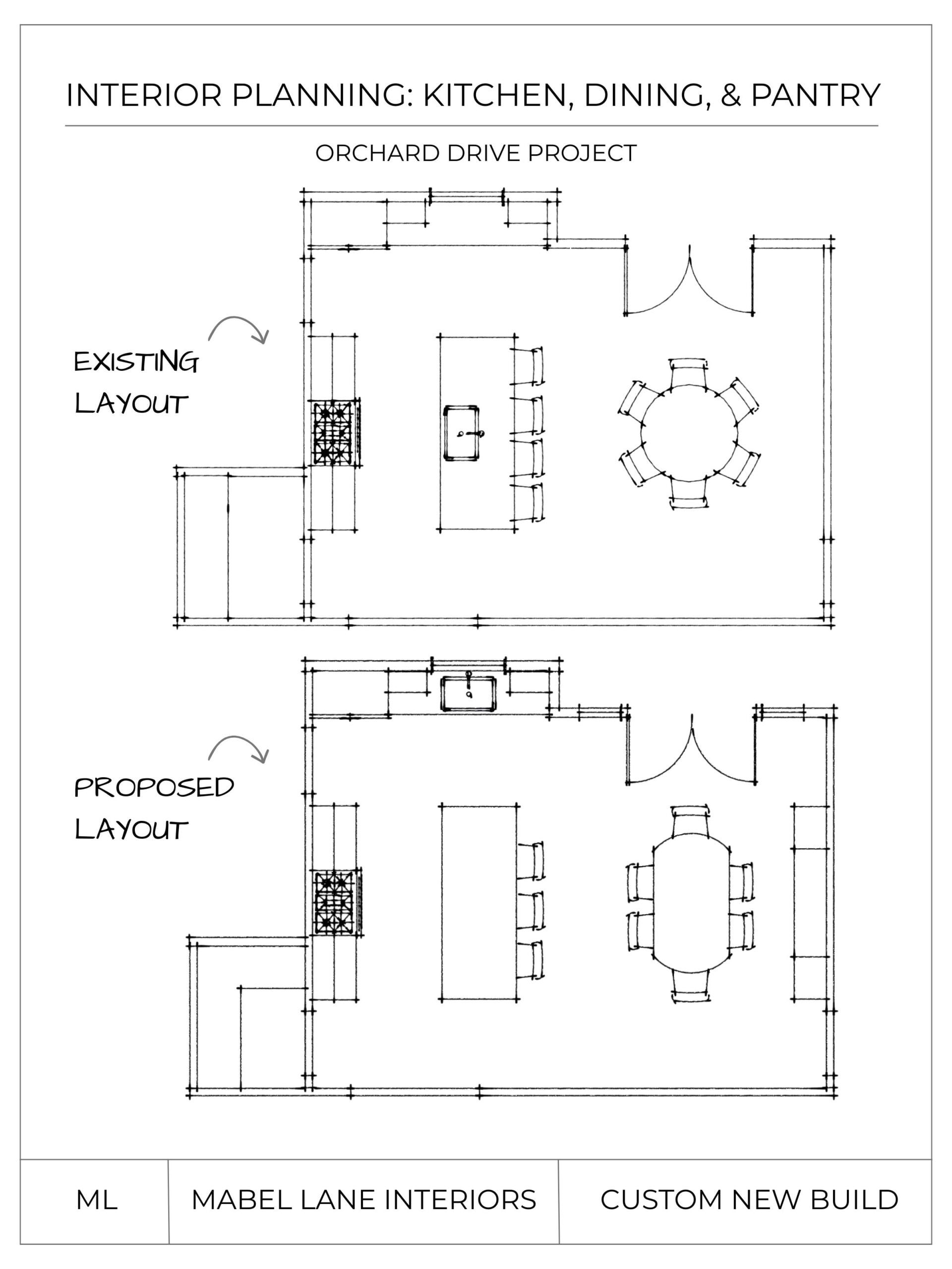 Comparison of existing and proposed open-concept kitchen and dining layouts illustrating interior planning improvements in a new build home.