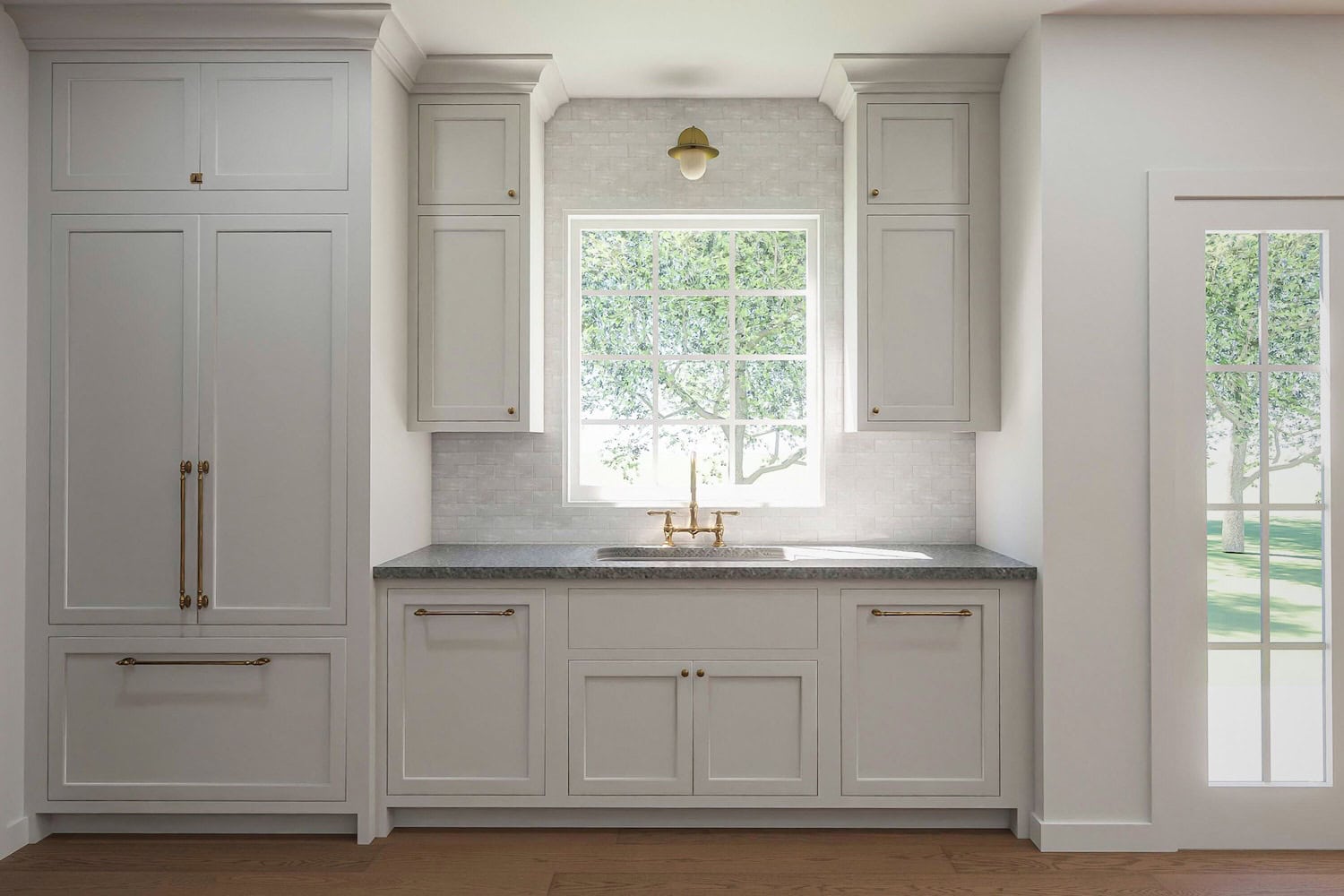 Materials for kitchen sink wall with white cabinetry, brass bridge faucet, gray stone countertops, and zellige tile backsplash.