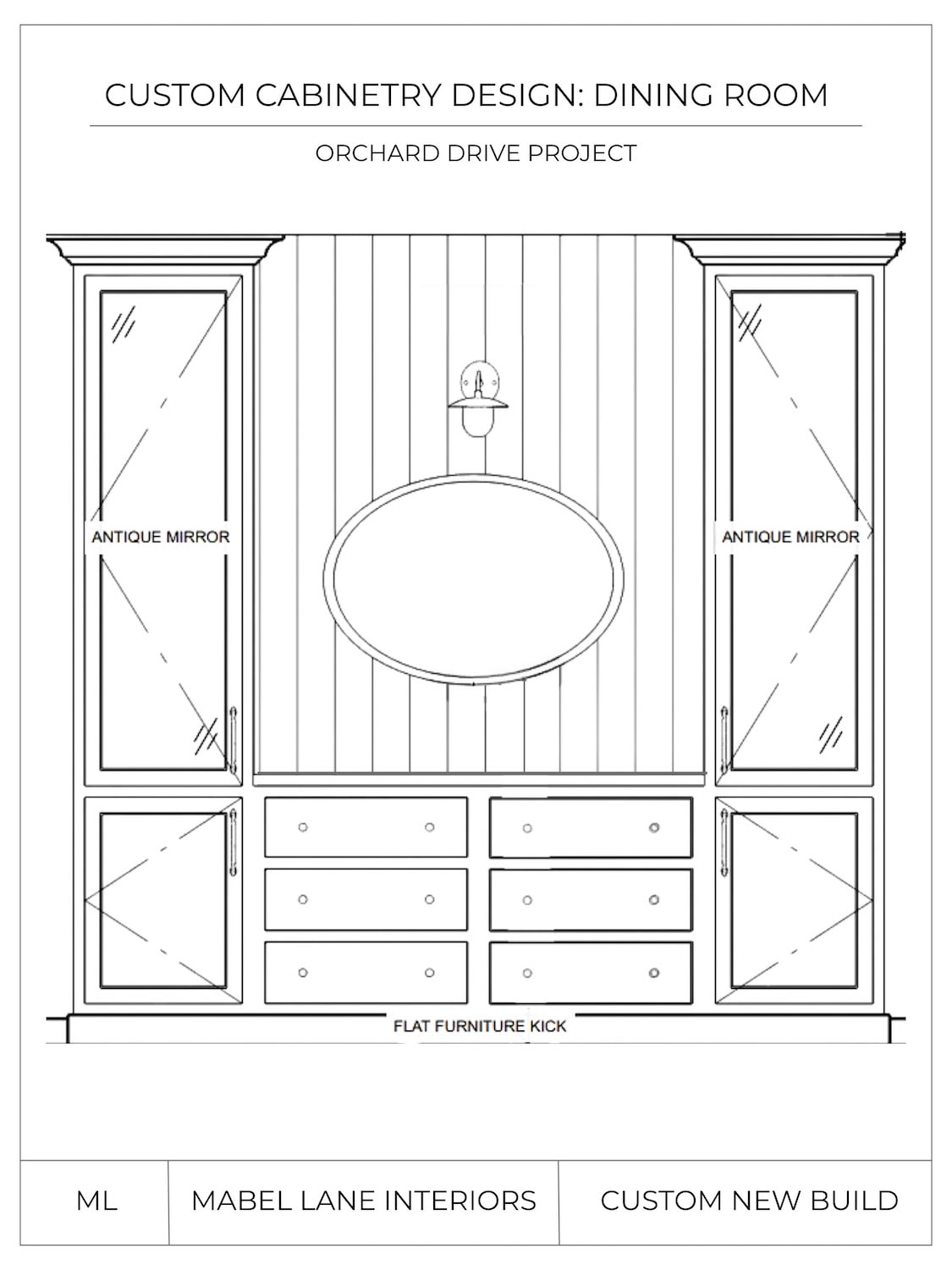 Custom dining room cabinetry elevation with built-in storage, antique mirror panels, and paneled wall detail