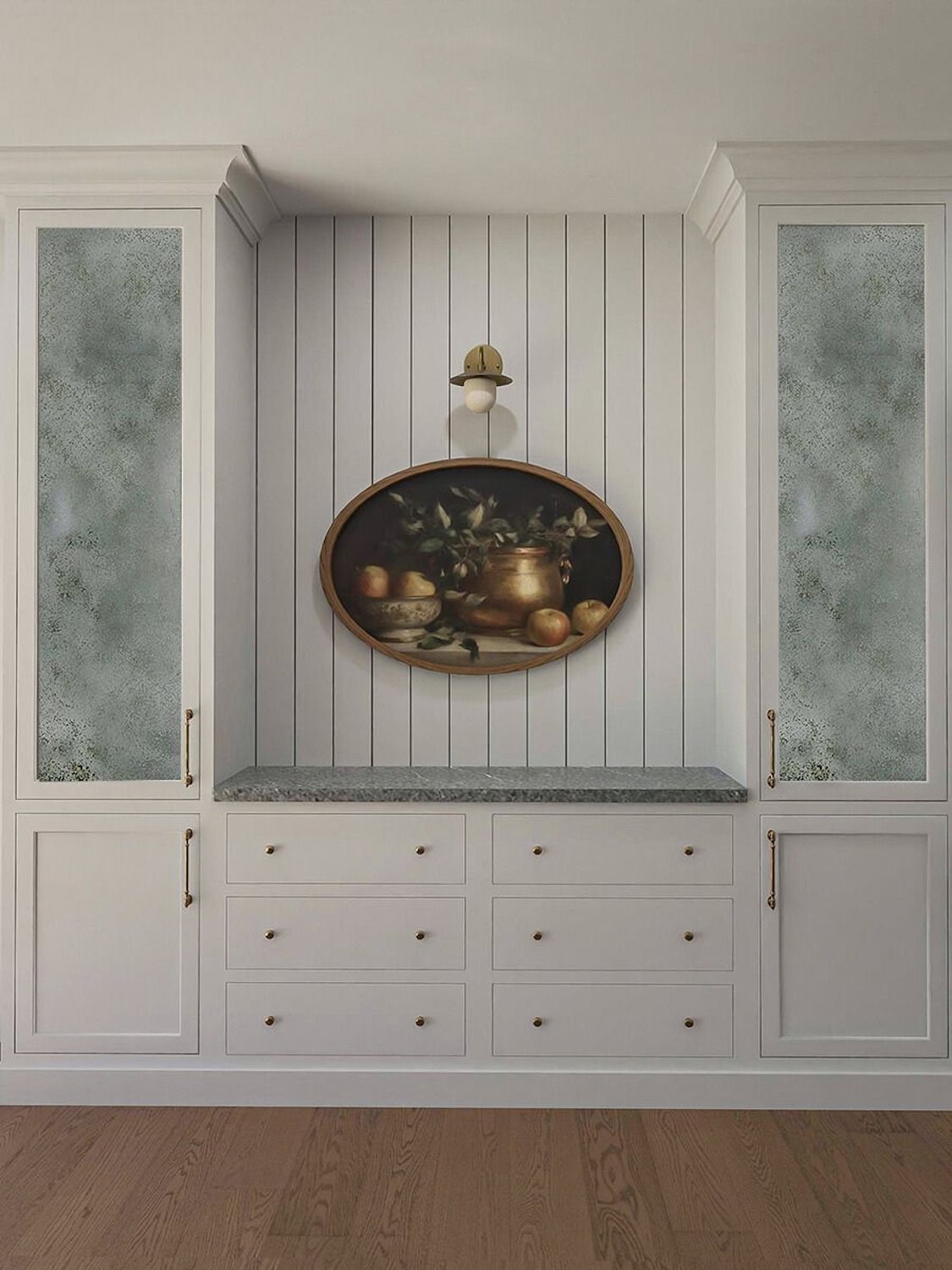 Dining room materials highlighting custom built-in cabinetry, vertical wall paneling, stone countertop, and brass hardware.