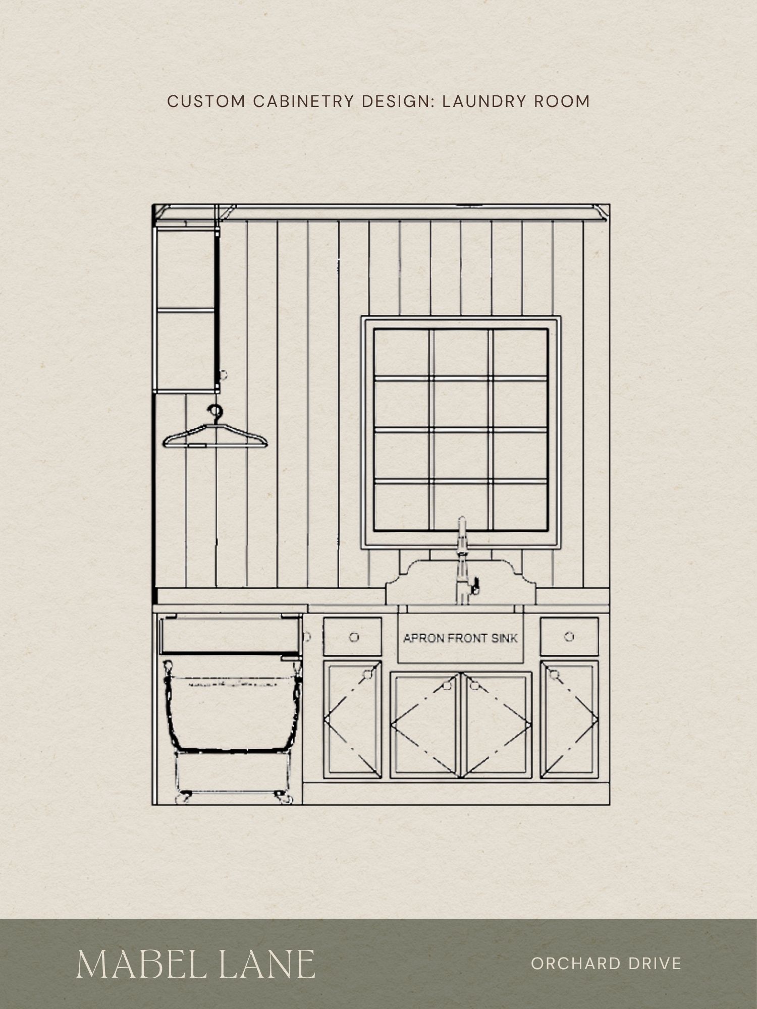 Custom laundry room cabinetry sink wall elevation showing base cabinets, drawers, and apron front sink.