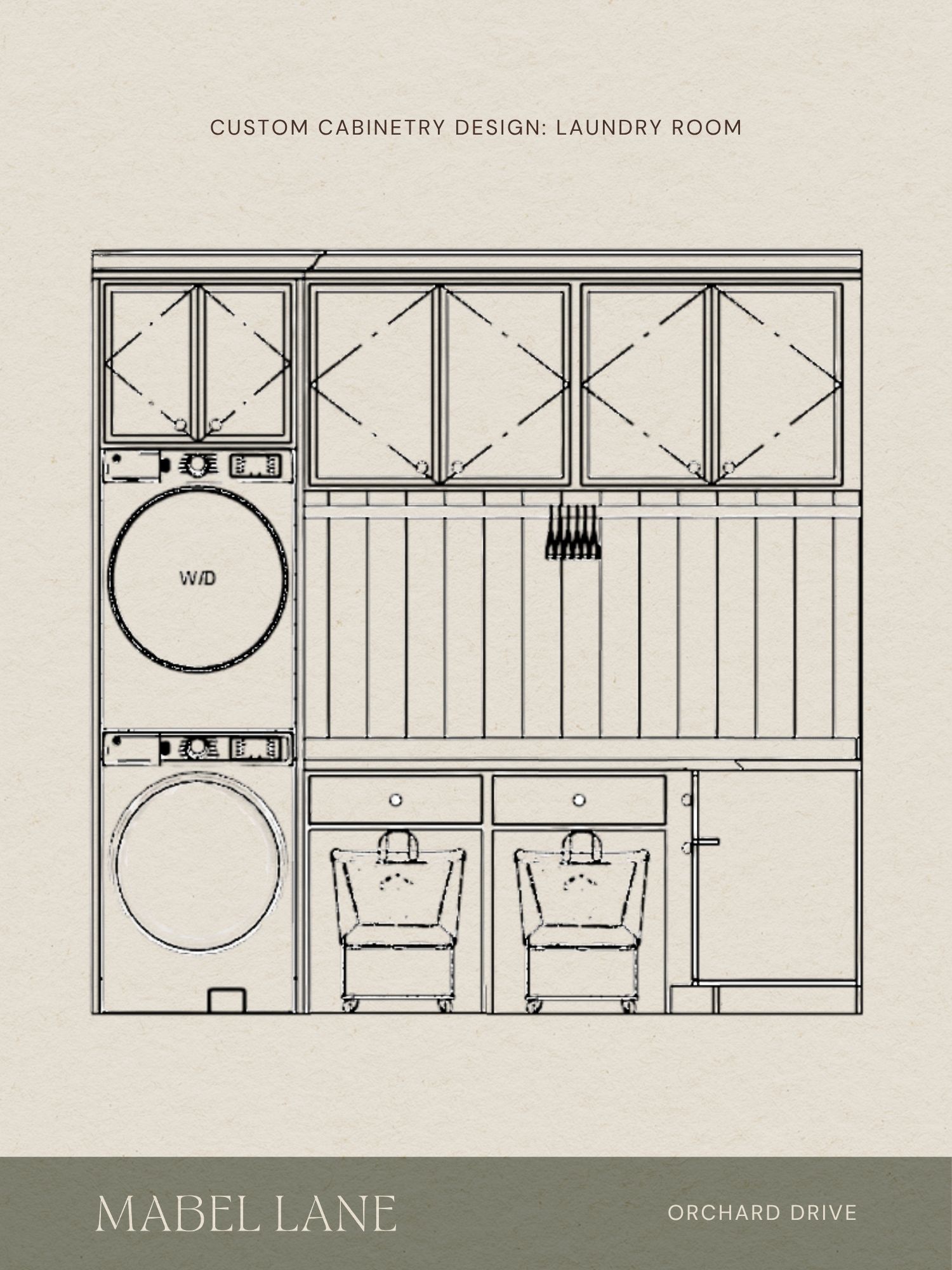 Custom laundry room cabinetry appliance wall elevation with stacked washer dryer, upper cabinets, and pull-out laundry carts.