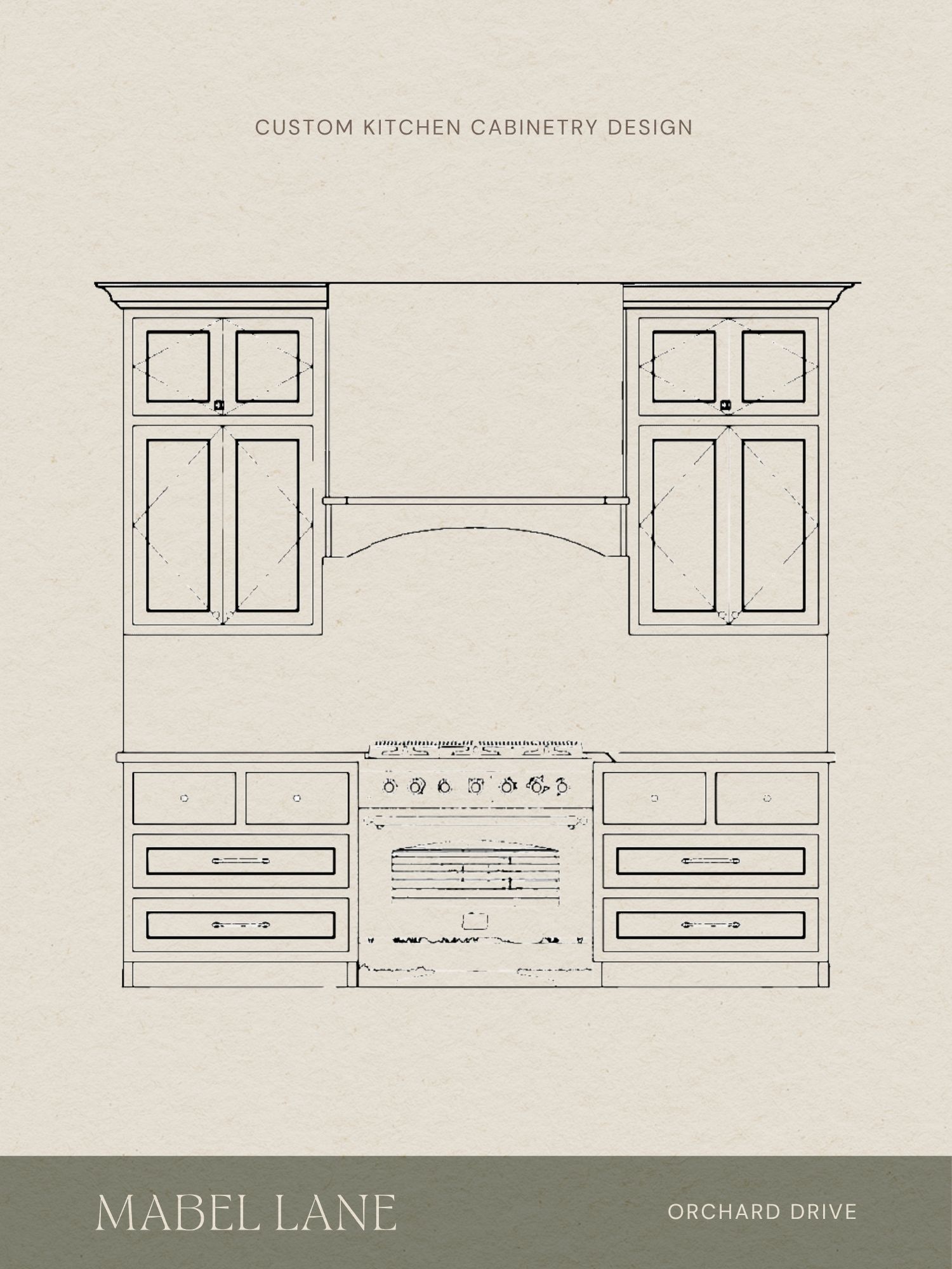 Custom kitchen cabinetry design range wall elevation with a symmetrical layout including a stove, upper cabinets, and plaster range hood.