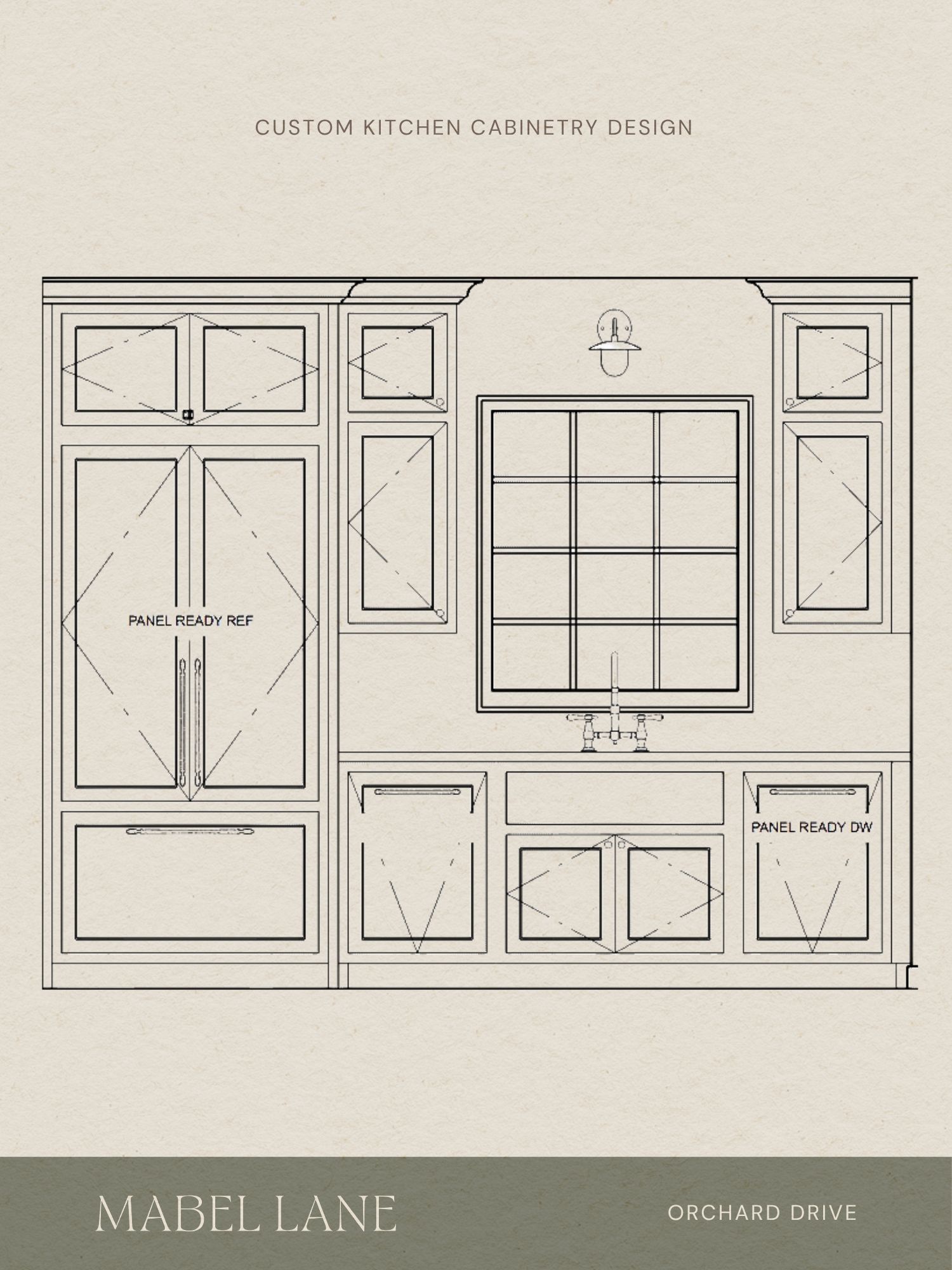 Custom kitchen cabinetry design sink wall elevation with large window, upper cabinets, and paneled refrigerator.