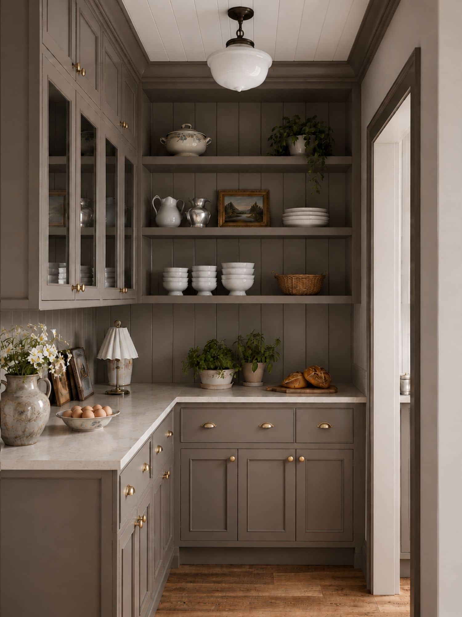 Custom pantry cabinetry elevation showing open shelving, an appliance counter, and customized drawers and cabinets.