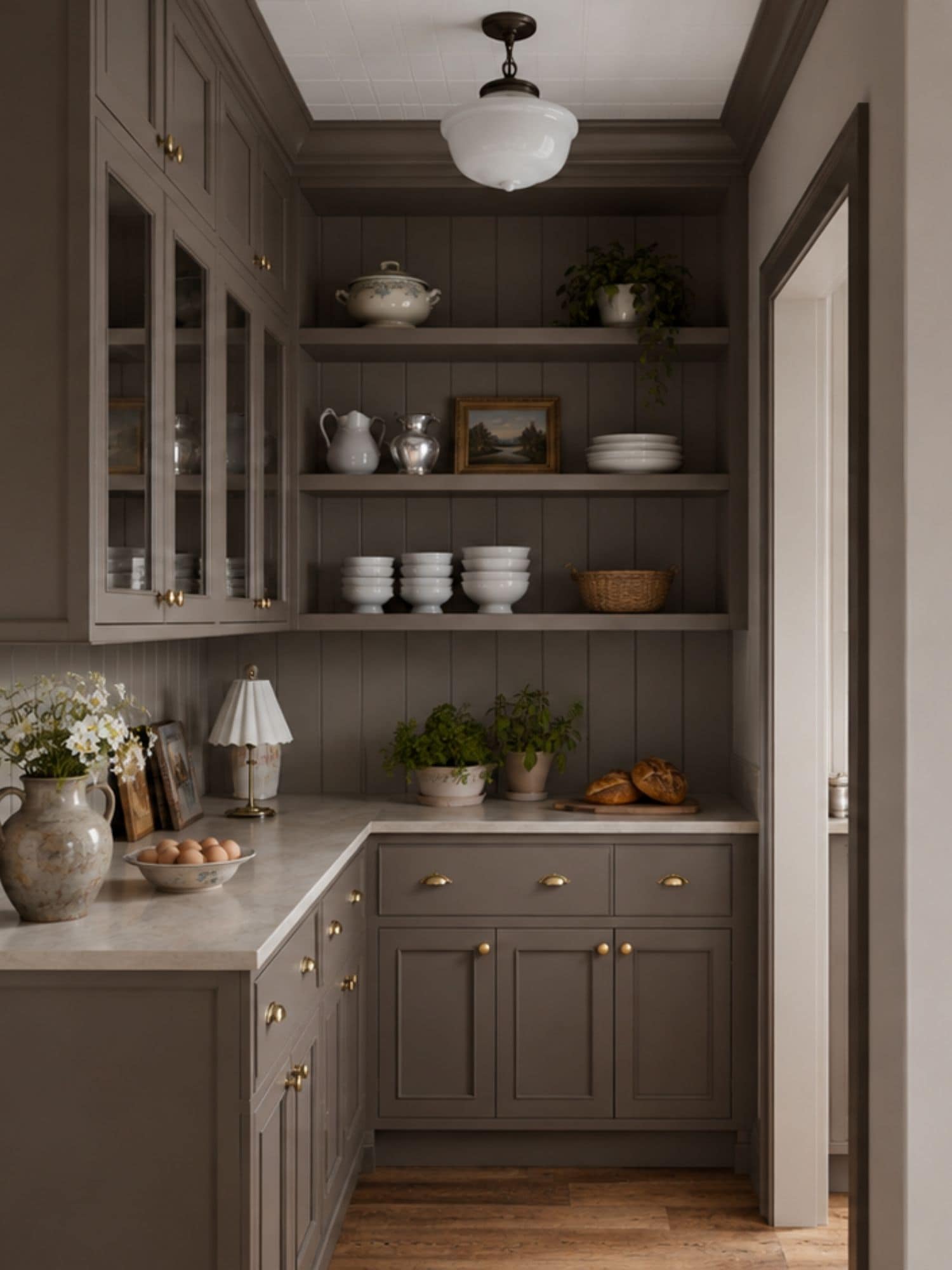 Custom pantry cabinetry elevation showing open shelving, an appliance counter, and customized drawers and cabinets.