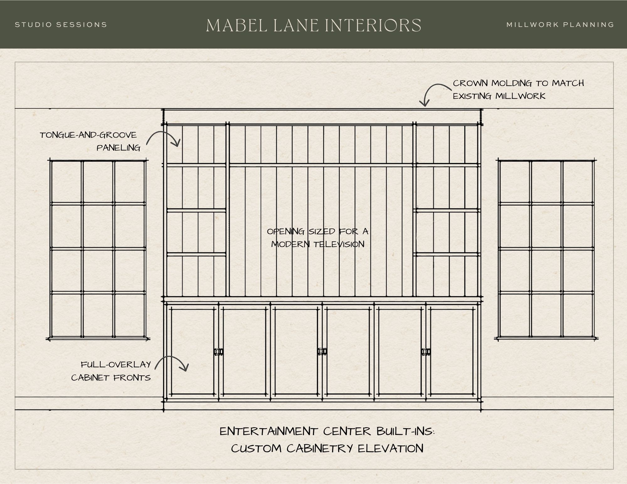 Custom cabinetry elevation showing the design plan for entertainment center built-ins with tongue-and-groove paneling, full-overlay cabinet fronts, and crown molding.