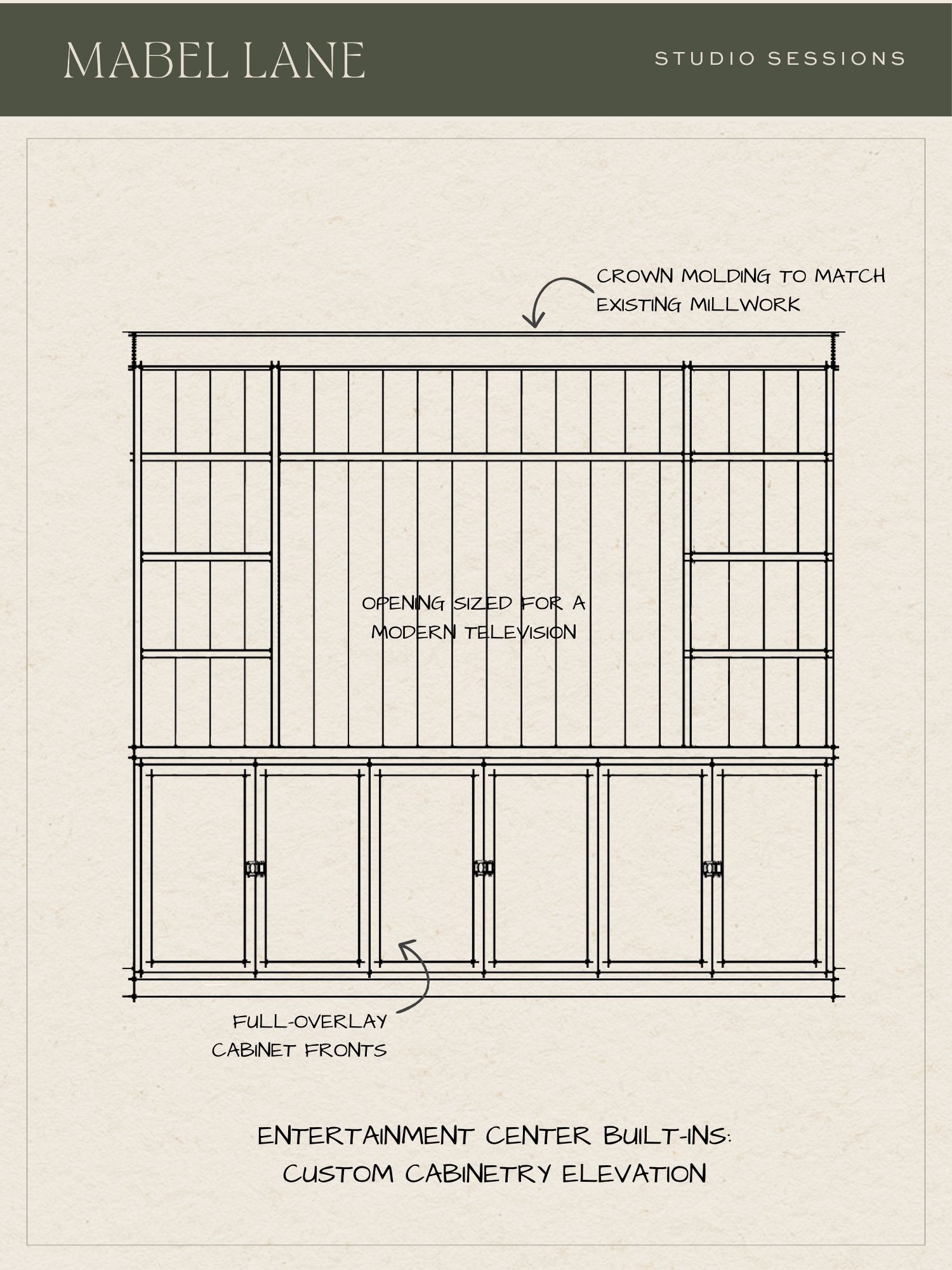 Custom cabinetry elevation for entertainment center built-ins showing a larger television opening, full-overlay cabinet fronts, and crown molding.