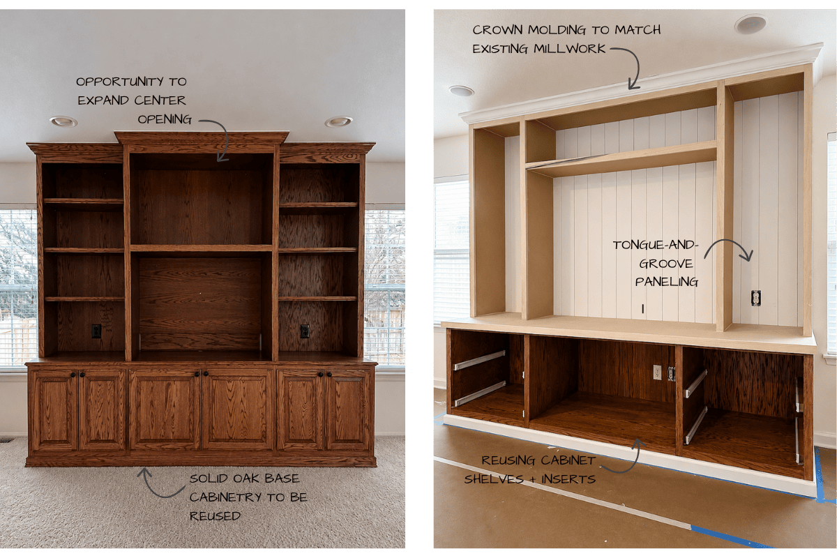 Existing oak entertainment center built-ins beside the updated millwork in progress, showing the widened television opening and preserved base cabinetry.