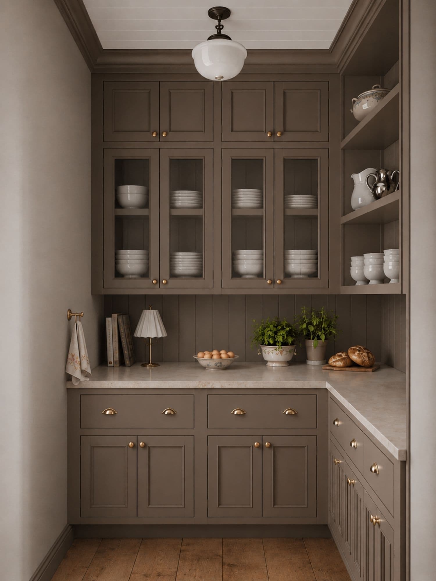 Kitchen pantry design with custom cabinetry, concealed storage, open shelving, and dedicated counter space.